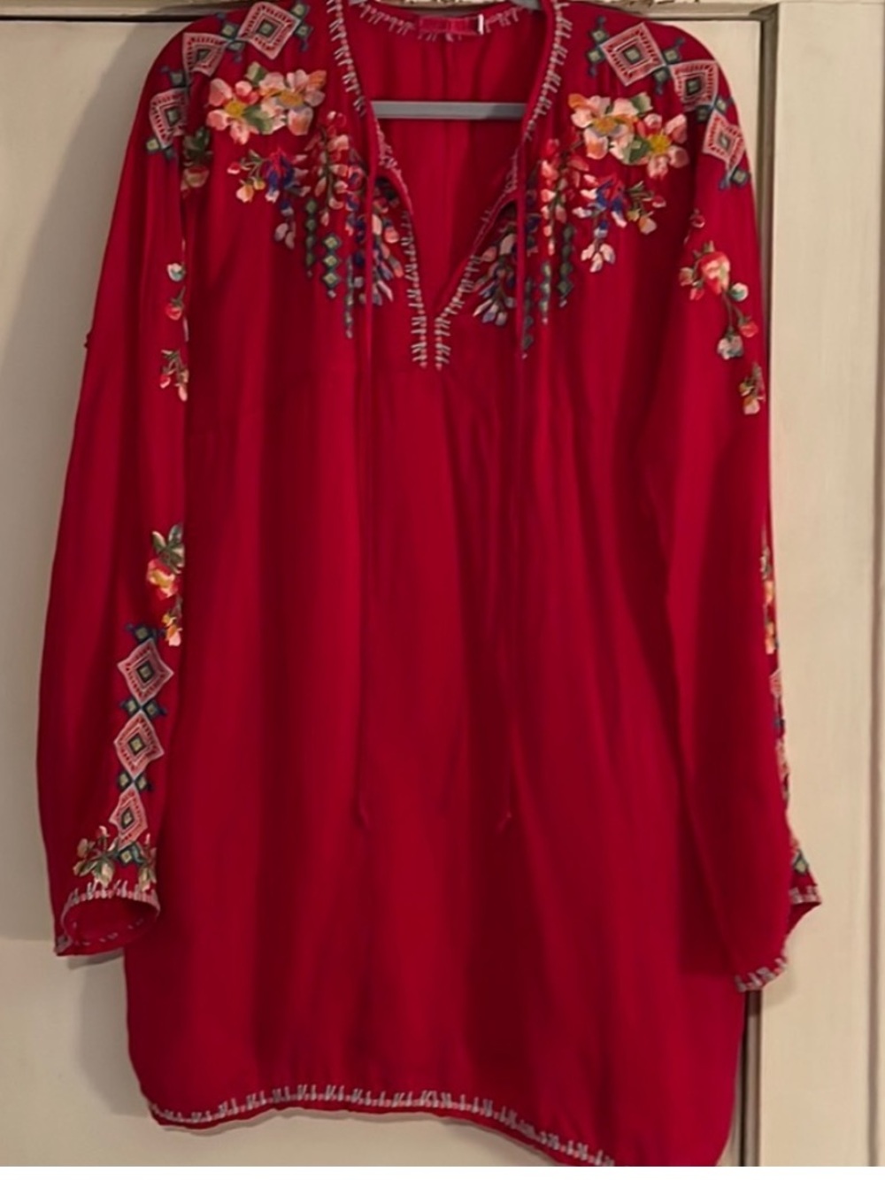 Johnny Was Red Embroidered Floral Tunic Top